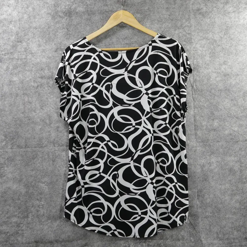 Susan Graver Shirt Womens 1X Black White Geo Print Scoop Neck Dolman Tunic Top